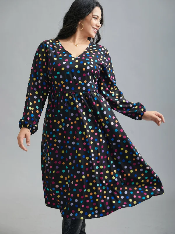 Plus size dresses with empire waists cinch nicely -Multi-Color Polka Dot Stretchy-Waist Dress