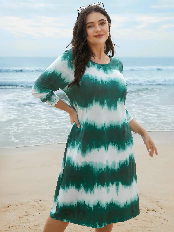 Plus size dresses featuring ruffle details add charm -Tie-Dye Round Neck Midi Knit Dress