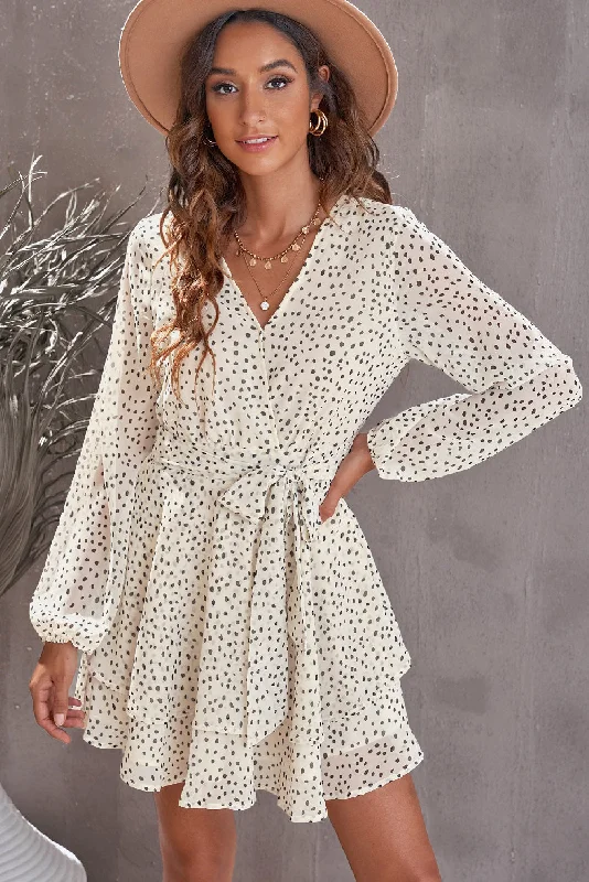 Plus size dresses with stretch panels move freely -Tied Polka Dot Balloon Sleeve Layered Dress