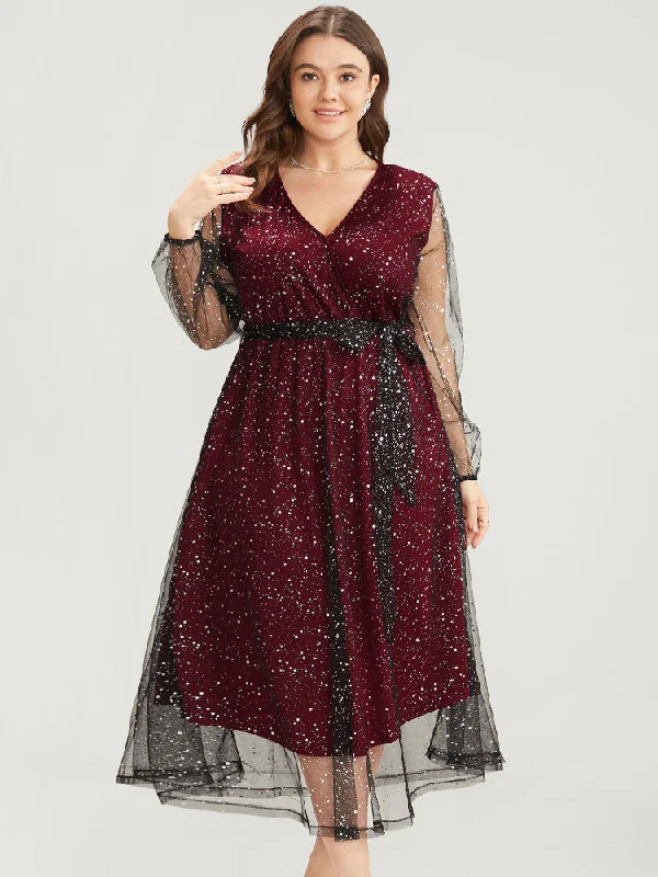 Plus size dresses featuring neutral tones pair easily -Polka Dot Lantern Sleeve Surplice Neck Mesh Belted Dress