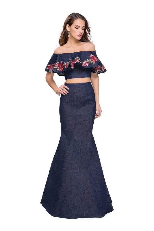 Plus size dresses with vibrant shades feel fun -La Femme - 26013 Off The Shoulder Ruffle Denim Two Piece Gown