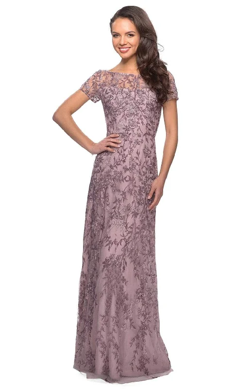 Plus size dresses featuring velvet textures feel plush -La Femme - 27956 Beaded Bateau Mother of the Bride Sheath Dress