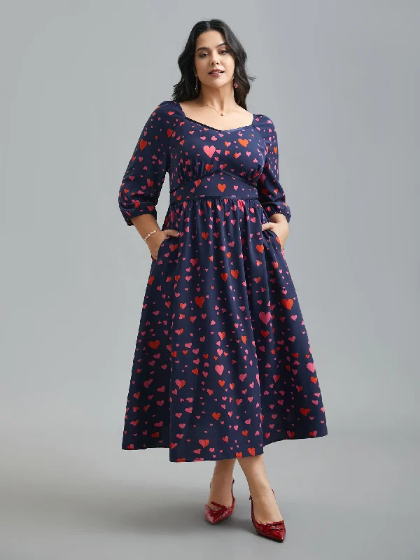 Comfortable plus size dresses for daily wear feel great -Hearts Print Contrast Webbing Pocket Dress