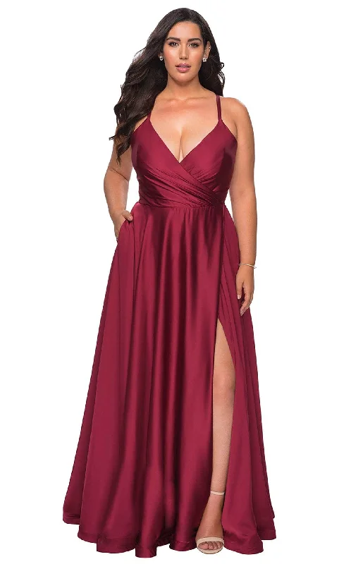 Plus size dresses featuring tie-dye patterns are quirky -La Femme - 29033 Plunging V-neck Satin A-line Simple Prom Gown