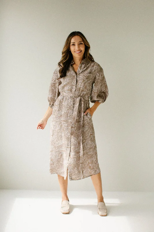 Plus size dresses featuring polka dots feel playful -'Edith' Leaf Print Tie Waist Shirtdress in Light Mocha