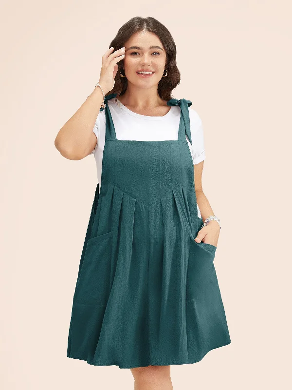 Plus size dresses for winter layer warmly -Solid Pleated Hem Pocket Tie Shoulder Overall Dress