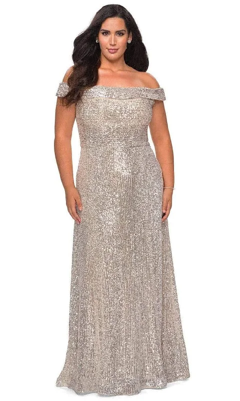 Plus size dresses for bridal parties glow elegantly -La Femme - 28988 Sequined Off-Shoulder A-Line Plus Size Prom Dress