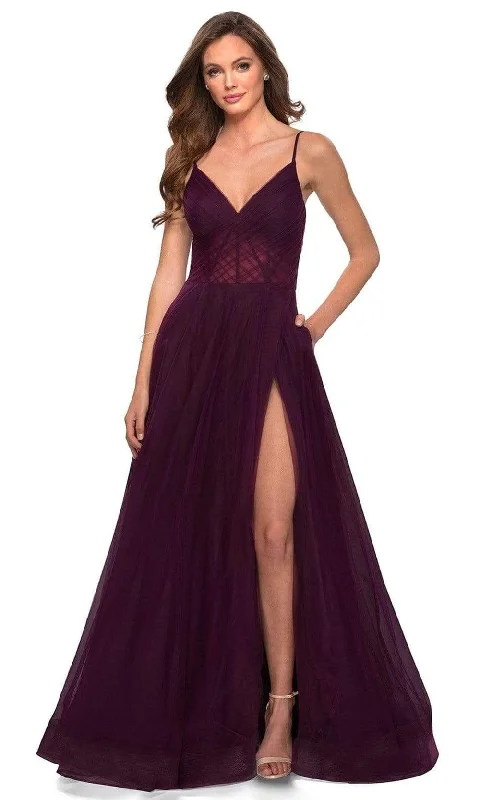 Plus size dresses featuring fringe accents feel bold -La Femme - 29076 V-Neck Semi-Sheer Bodice Junior Prom Gown