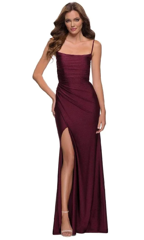 Plus size dresses featuring tiered skirts feel fun -La Femme - 29710 Draped Accented High Slit Sheath Gown