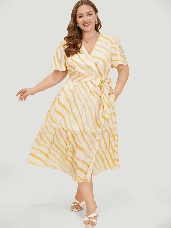 Trendy plus size dresses with bold prints stand out -Zebra Print Wrap Pocket Belt Ruffle Sleeve Split Dress