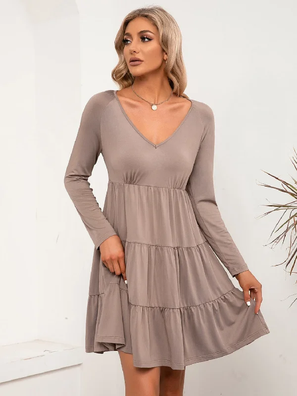 Plus size dresses with sleek fits elongate frames -V-Neck Long Sleeve Tiered Dress