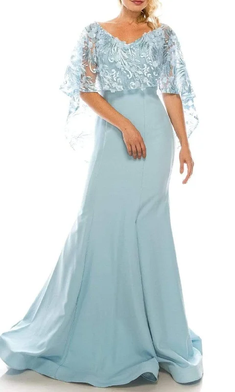 Plus size dresses for power dressing empower daily -Odrella - 7Y1037 Off-Shoulder Trumpet Gown with Embroidered Mesh Cape