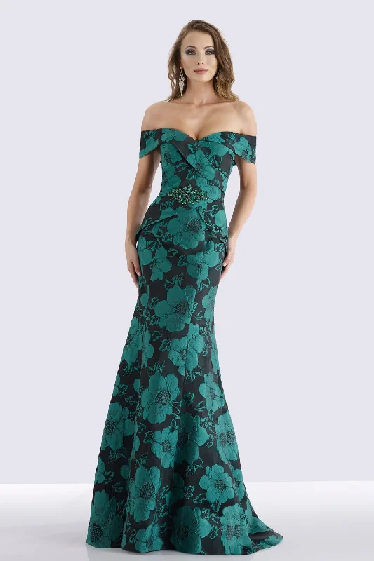 Plus size dresses featuring vibrant colors lift moods -Feriani Couture - 18675 Surplice Fold over Off Shoulder Floral Gown