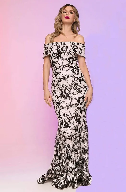 Plus size dresses with short sleeves suit spring -Nicole Bakti - 6759N Off shoulder Floral Print Mermaid Gown