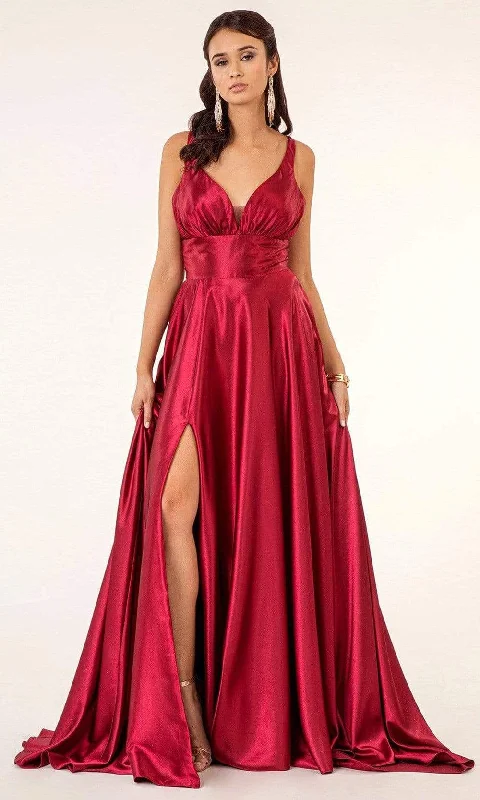 Plus size dresses for every mood adapt well -Elizabeth K - GL2963 Deep V-Neck Satin A-Line Dress with Slit