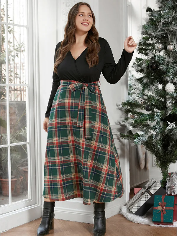 Plus size dresses with bold cuts make statements -Solid Patchwork Surplice Neck Belted Plaid Dress