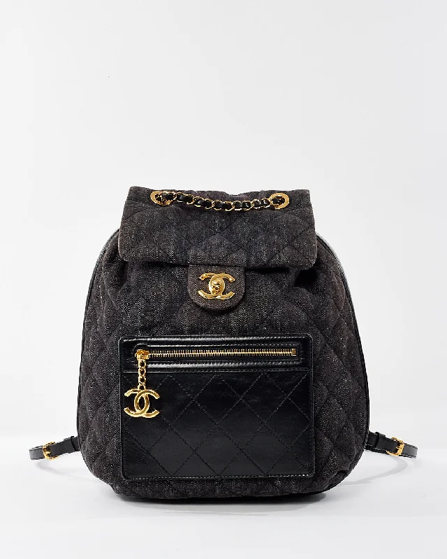 Rugged backpack for off-road motorcycle trips -Chanel Dark Grey Quilted Denim Flap Backpack GHW