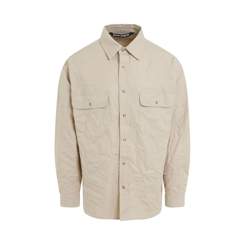 Eco-friendly backpack made from recycled materials -Crinkled Cotton Logo Overshirt in Beige/Black