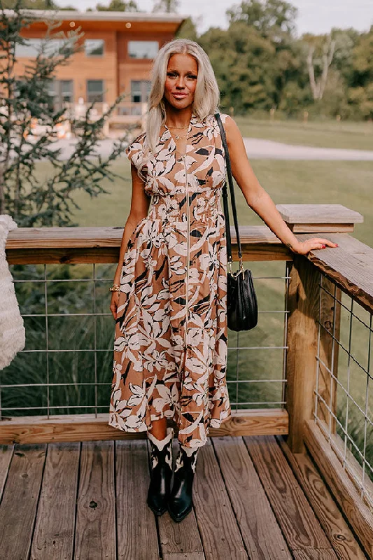 Plus size dresses for celebrations shine with style -Winery Welcome Floral Midi in Camel