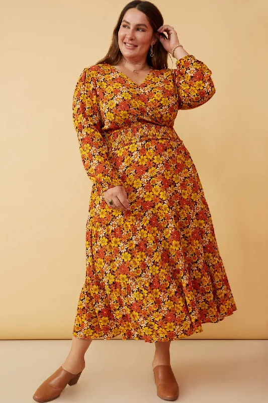 Plus size dresses featuring pleated skirts flow nicely -Floral Smocked Waist Long Sleeve Surplice Dress