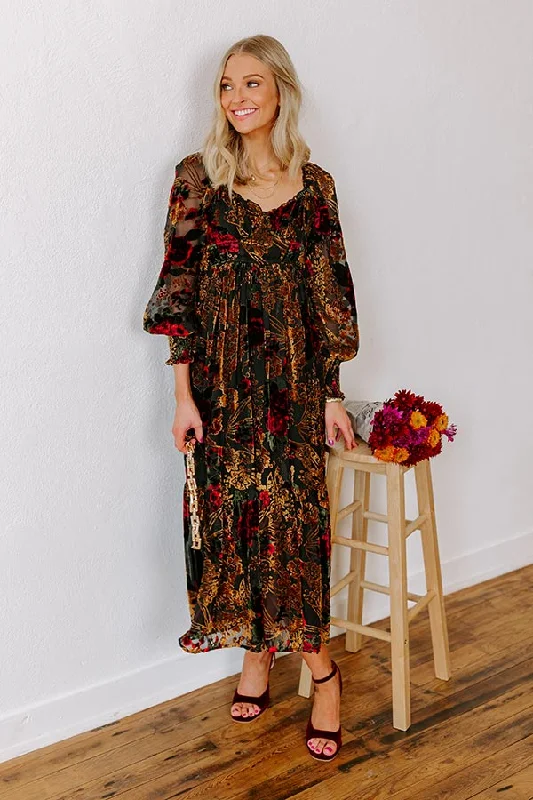 Plus size dresses with unique necklines add flair -Harvest Garden Velvet Burnout Midi in Black