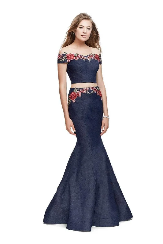 Plus size dresses with supportive linings feel great -La Femme - 25924 Off The Shoulder Floral Print Denim Gown