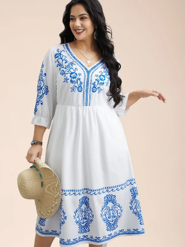 Plus size dresses with hidden support shape secretly -Boho Print Waist-Defined Ruffle Midi Dress