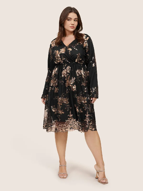 Plus size dresses featuring gemstone details shine subtle -Floral Sequin Elastic Waist Mesh Wrap Dress