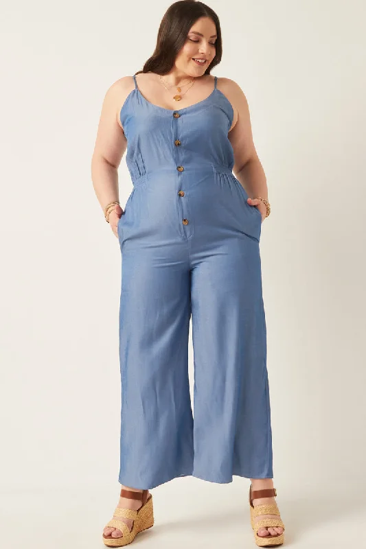 Plus size dresses featuring floral patterns feel fresh -Smock Detail Buttoned Wide Leg Tencel Jumpsuit