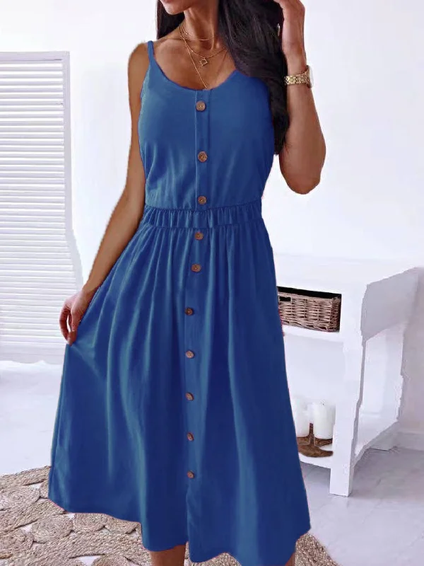 Plus size dresses with scoop necklines feel classic -Decorative Button Spaghetti Strap Dress