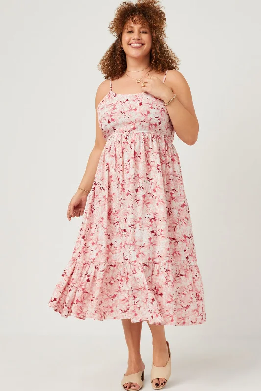 Plus size dresses for autumn days feel cozy -Floral Back Smocked Tiered Tank Dress