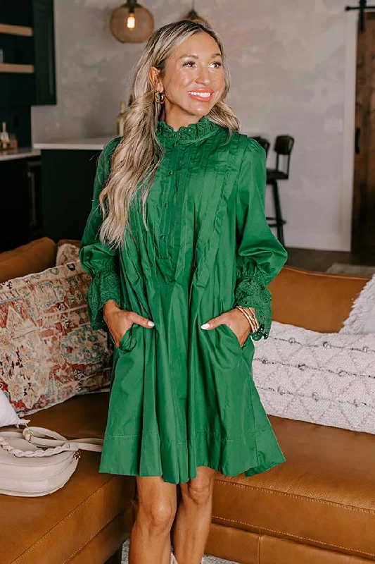 Plus size dresses with sturdy seams last long -Caramel Kisses Pleated Mini Dress in Hunter Green