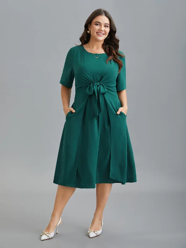 Plus size dresses with high necklines look refined -2-in-1 Waist-Tie Pockets Fit & Flare Dress