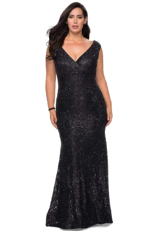 Plus size dresses featuring boho vibes are chic -La Femme - 28837 V Neck Rhinestone Beaded Full Lace Simple Prom Gown