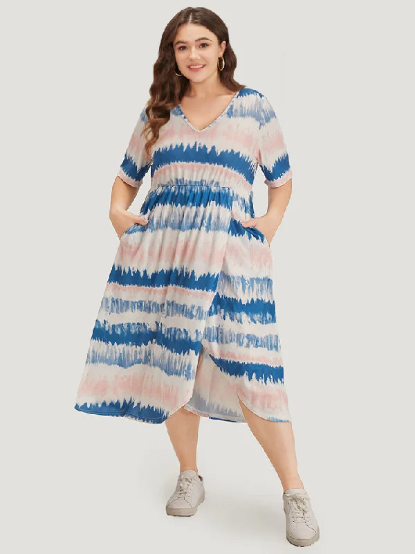 Plus size dresses featuring quilted textures add depth -Ombre Tie Dye Pocket Split Side Elastic Waist Dress