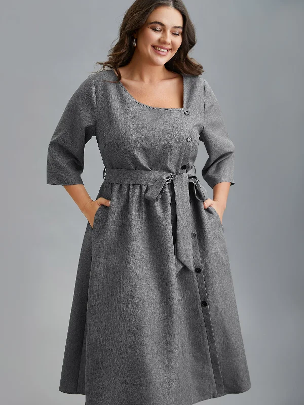 Plus size dresses with side ties cinch nicely -Asymmetrical Neckline Belted Pockets Midi Dress