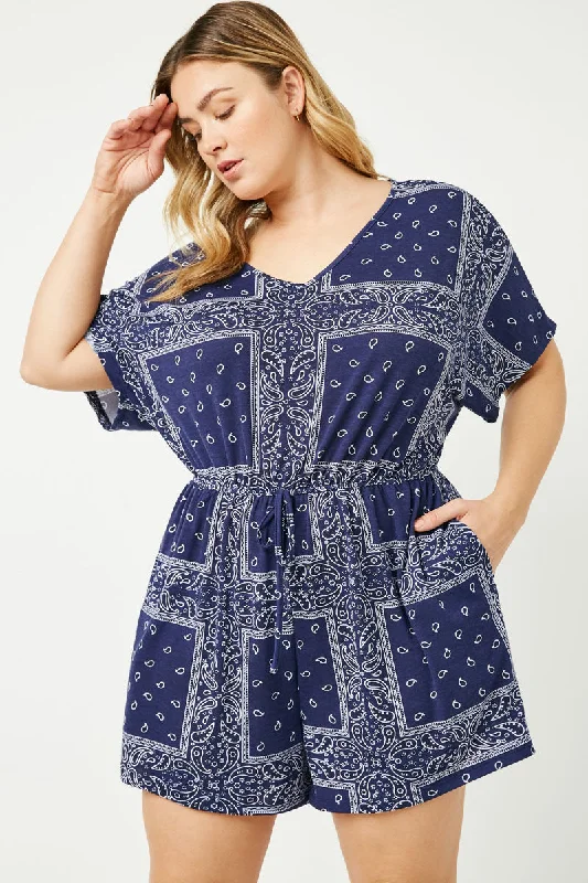 Plus size dresses with sturdy hems stay firm -Bandana Print Pocket Knit Romper