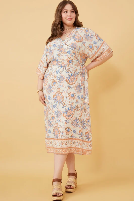 Plus size dresses for bold outfits match well -Border Print Side Tie Wrap Dress