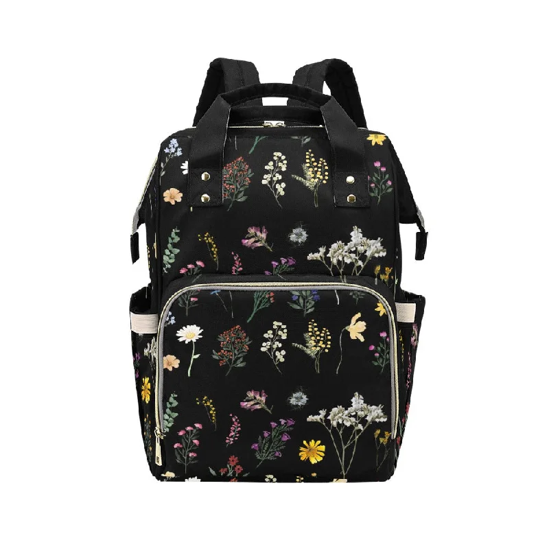 Padded shoulder backpack for comfortable long wear -Wildflowers Black Multi Function Backpack with Black Handles