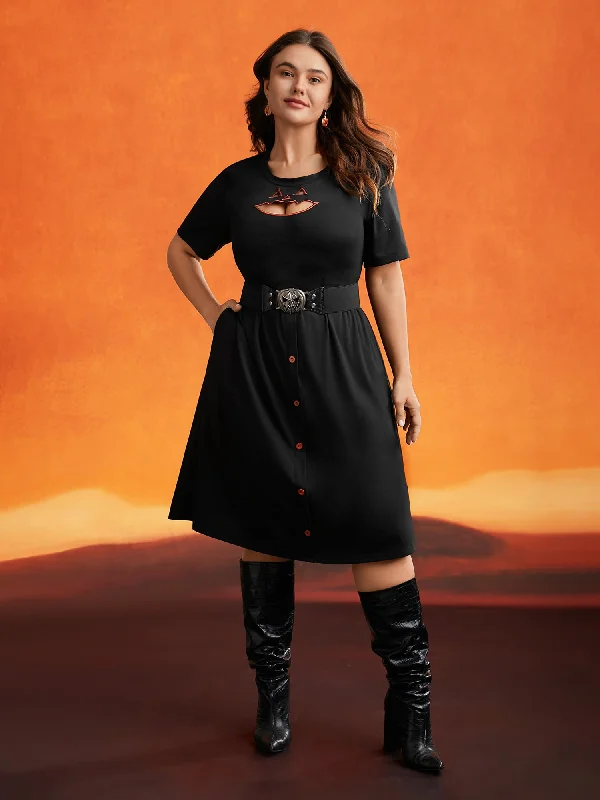 Plus size dresses with short sleeves suit spring -Stretch Fabric Pumpkin Cut Out Midi Dress