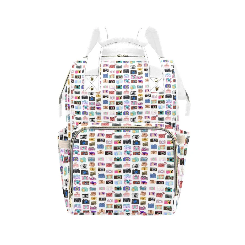 Trendy quilted backpack for women’s fashion appeal -Vintage Cameras White Multi Function Backpack with White Handles