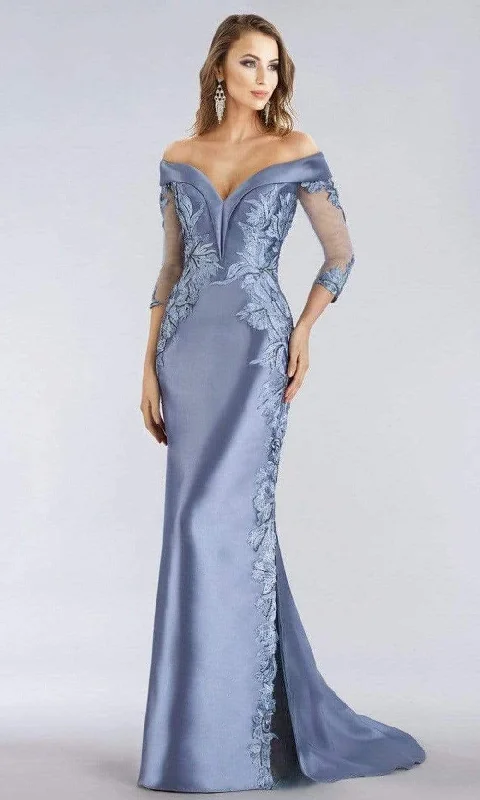 Plus size dresses for wide hips fit nicely -Feriani Couture - Embroidered Panel Off-Shoulder Slit Trumpet Dress 18971