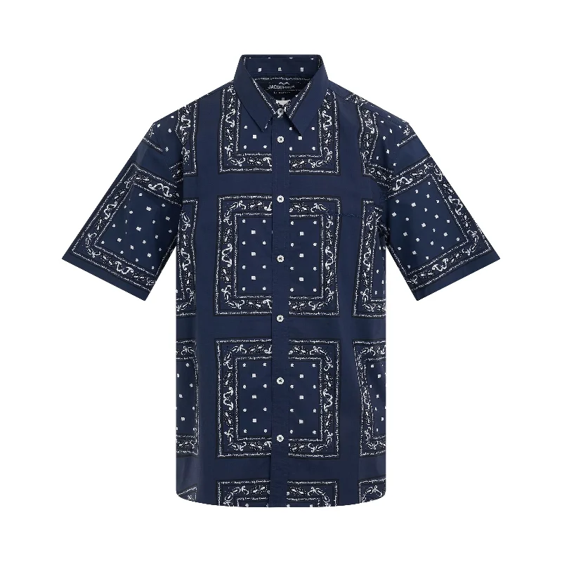 Expandable backpack for flexible storage capacity -Melo Short Sleeve Shirt in Navy Paisley