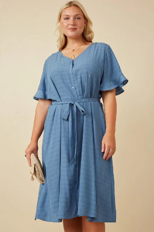 Plus size dresses with comfy flows feel gentle -Semi Shine Shadow Strip Tulip Sleeve Dress