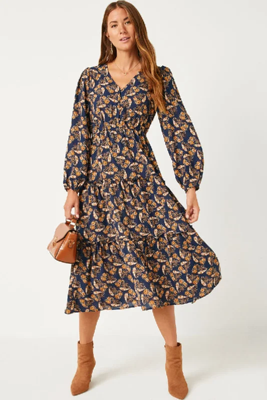 Plus size dresses with unique patterns catch eyes -V Neck Floral Paisley Print Long Sleeve Dress