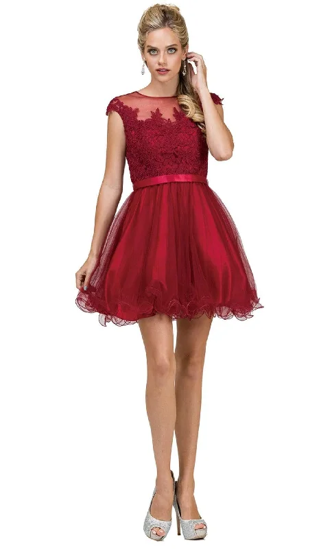 Plus size dresses with cap sleeves feel dainty -Dancing Queen - 2153 Illusion Jewel Floral A Line Cocktail Dress