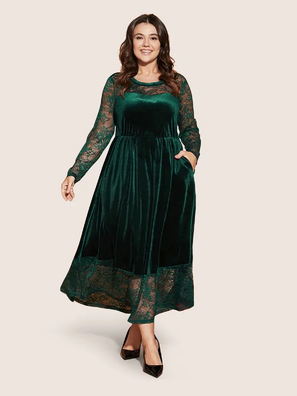 Plus size dresses featuring glitter accents sparkle bold -Solid Contrast Lace Pocket Round Neck Velvet Dress