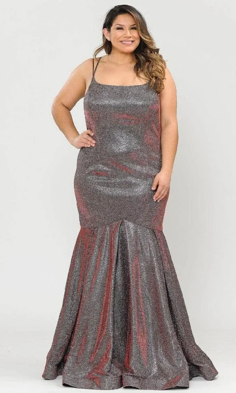 Plus size dresses featuring lace details feel romantic -Poly USA W1102 - Square Neck Metallic Evening Gown