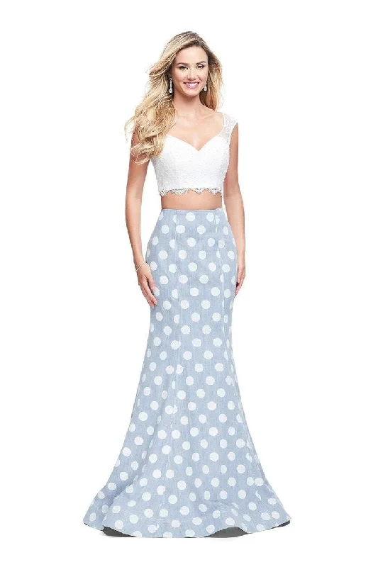 Plus size dresses featuring laser-cut details are unique -La Femme - 26206 Two Piece Lace and Denim Polka Dot Trumpet Gown