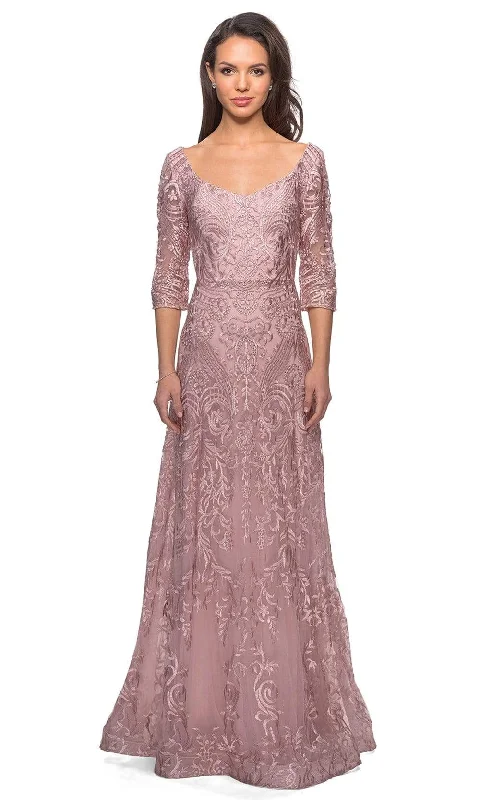 Plus size dresses with soft cotton feel comfy -La Femme - 27949 Embroidered Lace Overlay A-Line Gown